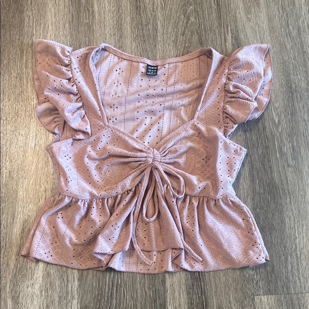 SHEIN Pink Ruffled Tie Front Peplum Blouse
